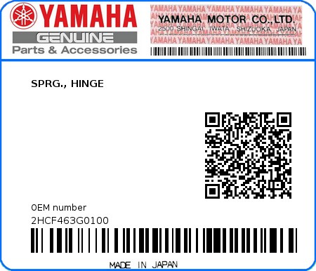Product image: Yamaha - 2HCF463G0100 - SPRG., HINGE  0