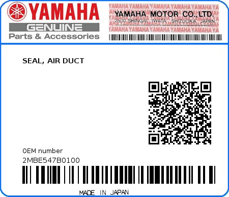 Product image: Yamaha - 2MBE547B0100 - SEAL, AIR DUCT  0
