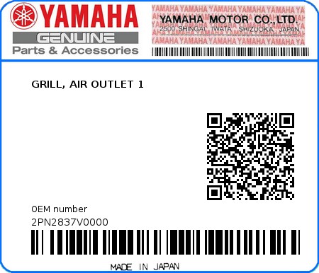 Product image: Yamaha - 2PN2837V0000 - GRILL, AIR OUTLET 1  0