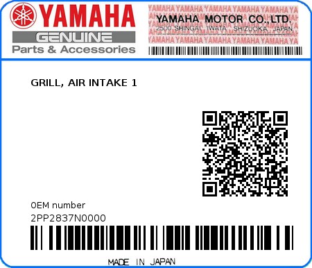 Product image: Yamaha - 2PP2837N0000 - GRILL, AIR INTAKE 1  0