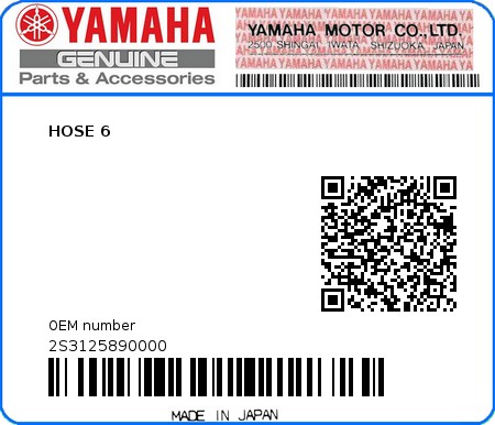Product image: Yamaha - 2S3125890000 - HOSE 6  0