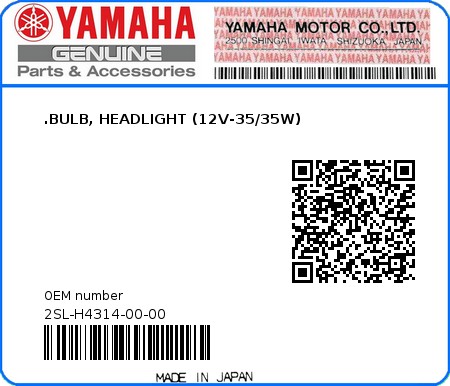 Product image: Yamaha - 2SL-H4314-00-00 - .BULB, HEADLIGHT (12V-35/35W)  0