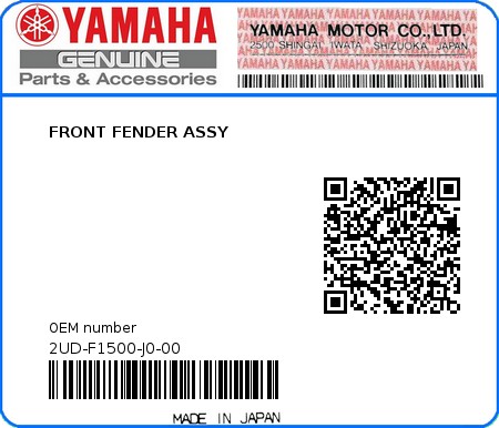 Product image: Yamaha - 2UD-F1500-J0-00 - FRONT FENDER ASSY  0