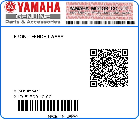 Product image: Yamaha - 2UD-F1500-L0-00 - FRONT FENDER ASSY  0