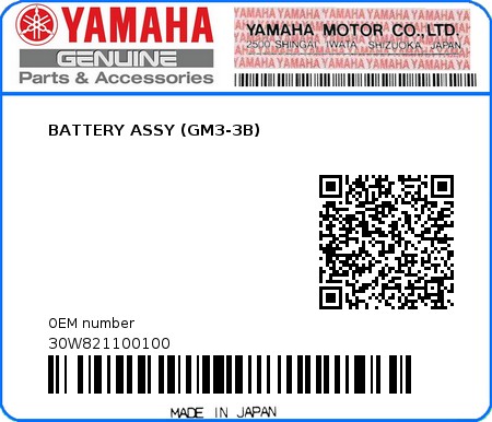 Product image: Yamaha - 30W821100100 - BATTERY ASSY (GM3-3B)   0