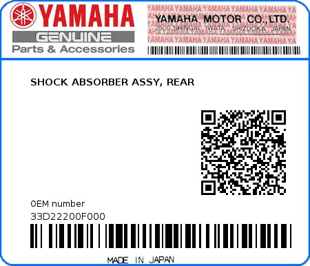 Product image: Yamaha - 33D22200F000 - SHOCK ABSORBER ASSY, REAR  0