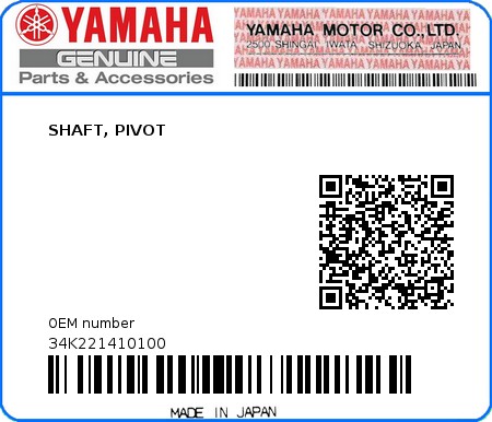 Product image: Yamaha - 34K221410100 - SHAFT, PIVOT  0
