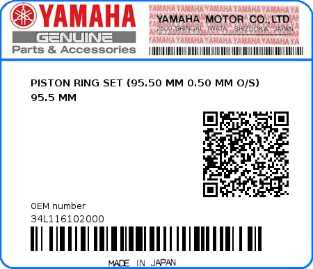 Product image: Yamaha - 34L116102000 - PISTON RING SET (95.50 MM 0.50 MM O/S) 95.5 MM  0