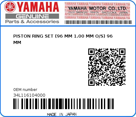 Product image: Yamaha - 34L116104000 - PISTON RING SET (96 MM 1.00 MM O/S) 96 MM  0