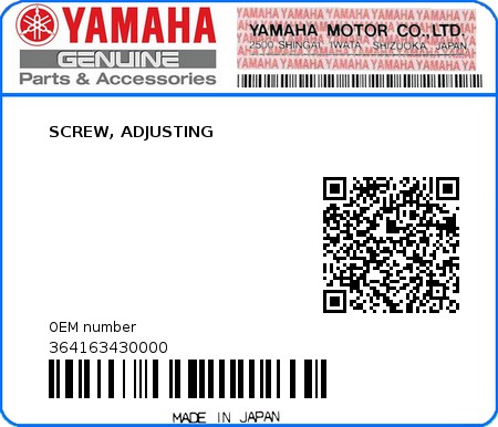 Product image: Yamaha - 364163430000 - SCREW, ADJUSTING  0