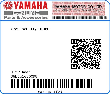 Product image: Yamaha - 36B251680098 - CAST WHEEL, FRONT  0