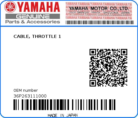 Product image: Yamaha - 36P263111000 - CABLE, THROTTLE 1  0