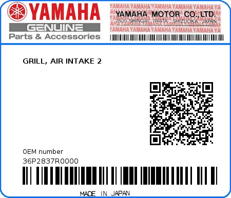 Product image: Yamaha - 36P2837R0000 - GRILL, AIR INTAKE 2  0