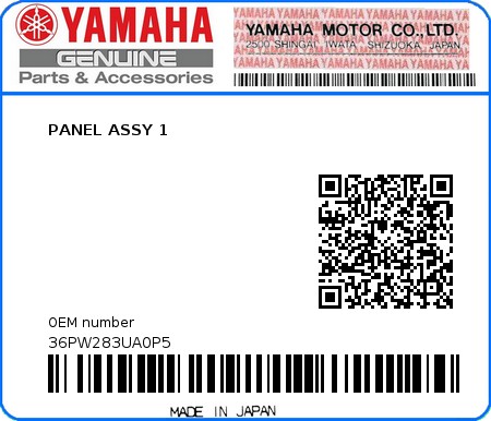 Product image: Yamaha - 36PW283UA0P5 - PANEL ASSY 1  0