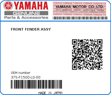 Product image: Yamaha - 37S-F1500-L0-00 - FRONT FENDER ASSY  0