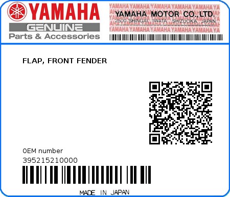 Product image: Yamaha - 395215210000 - FLAP, FRONT FENDER  0