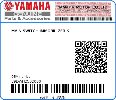 Product image: Yamaha - 39DWH2502000 - MAIN SWITCH IMMOBILIZER K  0