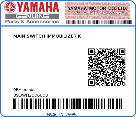 Product image: Yamaha - 39DWH2506000 - MAIN SWITCH IMMOBILIZER K  0