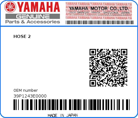 Product image: Yamaha - 39P1243E0000 - HOSE 2  0