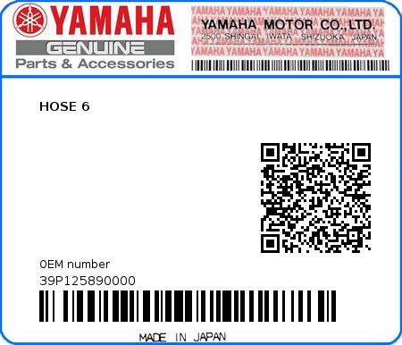 Product image: Yamaha - 39P125890000 - HOSE 6  0