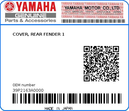 Product image: Yamaha - 39P2163A0000 - COVER, REAR FENDER 1  0