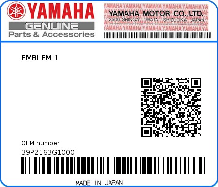 Product image: Yamaha - 39P2163G1000 - EMBLEM 1  0