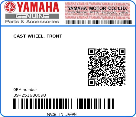 Product image: Yamaha - 39P251680098 - CAST WHEEL, FRONT  0