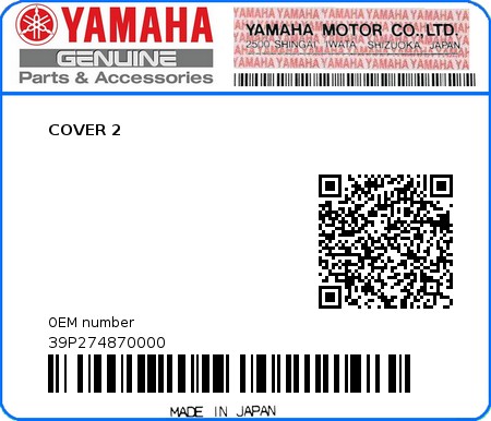 Product image: Yamaha - 39P274870000 - COVER 2  0