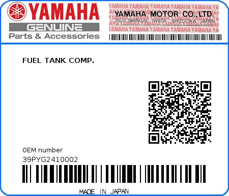 Product image: Yamaha - 39PYG2410002 - FUEL TANK COMP.  0