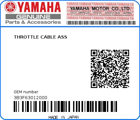 Product image: Yamaha - 3B3F63012000 - THROTTLE CABLE ASS  0
