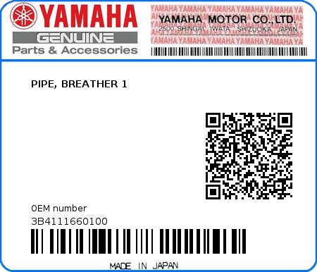 Product image: Yamaha - 3B4111660100 - PIPE, BREATHER 1  0