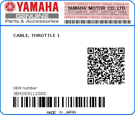Product image: Yamaha - 3B4263112000 - CABLE, THROTTLE 1  0