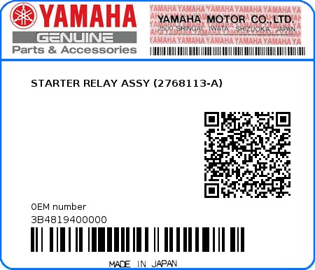 Product image: Yamaha - 3B4819400000 - STARTER RELAY ASSY (2768113-A)  0