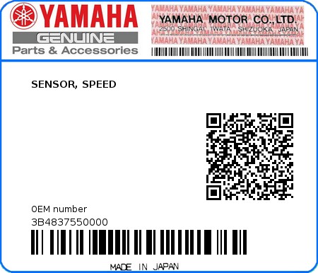 Product image: Yamaha - 3B4837550000 - SENSOR, SPEED  0