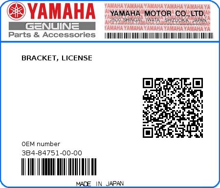 Product image: Yamaha - 3B4-84751-00-00 - BRACKET, LICENSE  0