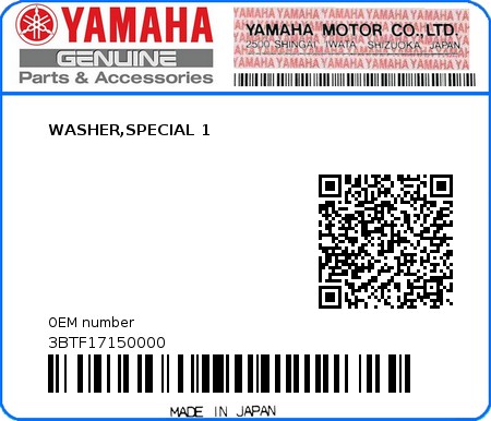 Product image: Yamaha - 3BTF17150000 - WASHER,SPECIAL 1  0
