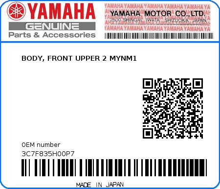 Product image: Yamaha - 3C7F835H00P7 - BODY, FRONT UPPER 2 MYNM1  0