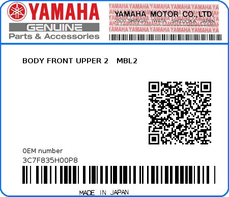 Product image: Yamaha - 3C7F835H00P8 - BODY FRONT UPPER 2   MBL2  0