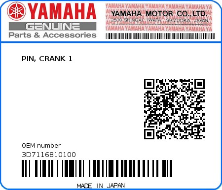 Product image: Yamaha - 3D7116810100 - PIN, CRANK 1  0
