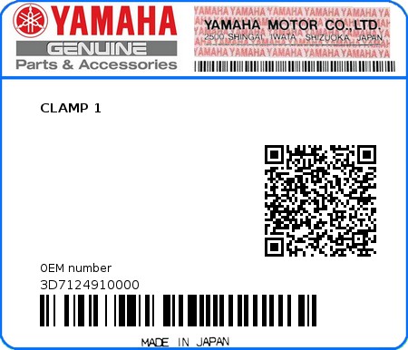 Product image: Yamaha - 3D7124910000 - CLAMP 1  0