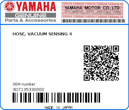 Product image: Yamaha - 3D7135330000 - HOSE, VACUUM SENSING 4  0