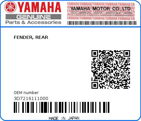 Product image: Yamaha - 3D7216111000 - FENDER, REAR  0