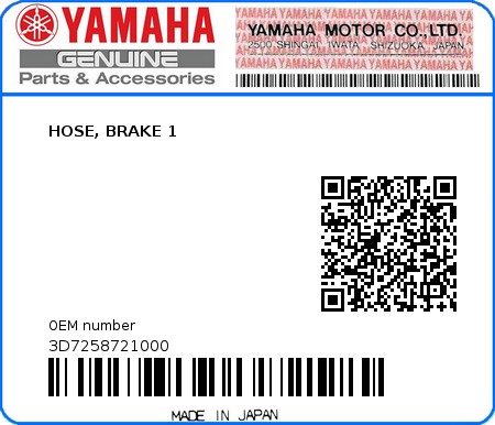 Product image: Yamaha - 3D7258721000 - HOSE, BRAKE 1  0