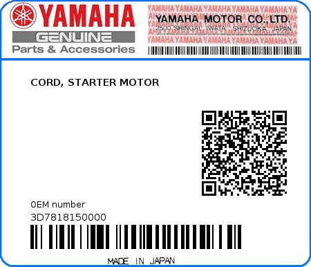 Product image: Yamaha - 3D7818150000 - CORD, STARTER MOTOR  0