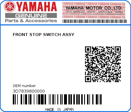 Product image: Yamaha - 3D7839800000 - FRONT STOP SWITCH ASSY  0