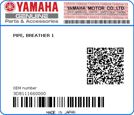 Product image: Yamaha - 3D8111660000 - PIPE, BREATHER 1  0