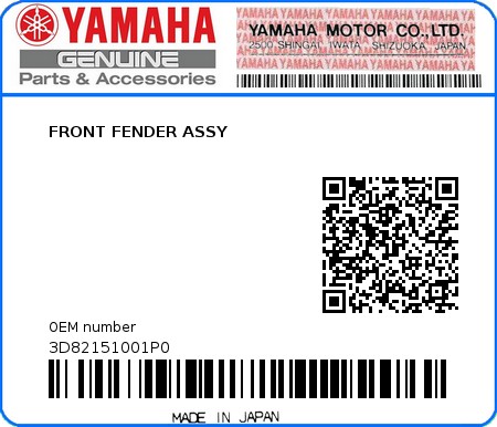 Product image: Yamaha - 3D82151001P0 - FRONT FENDER ASSY  0