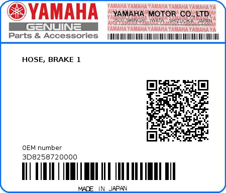 Product image: Yamaha - 3D8258720000 - HOSE, BRAKE 1  0