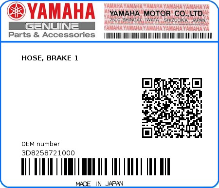 Product image: Yamaha - 3D8258721000 - HOSE, BRAKE 1  0
