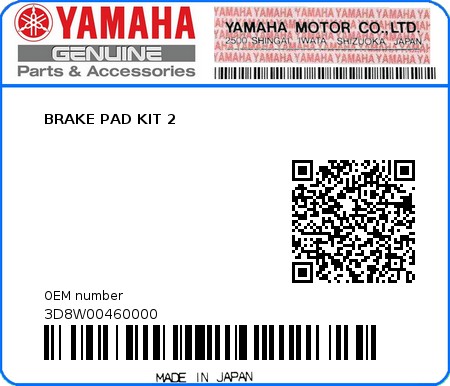 Product image: Yamaha - 3D8W00460000 - BRAKE PAD KIT 2  0